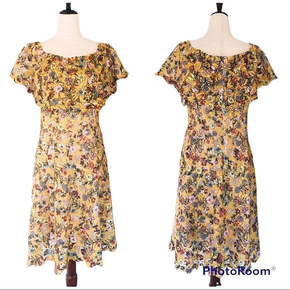 New ALEX MARIE Yellow Floral Lace Off The Shoulder Midi Dress Fit & Flare Size 2 - Picture 2 of 16